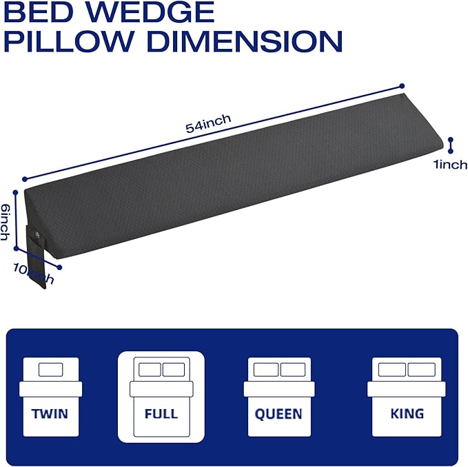 Full Bed Wedge Pillow Headboard & Mattress Gap Filler, Long Triangle Edge Corner Pillows for Sleeping 10x6x54 Inch Dense Foam Grey Pockets, Prevents Toy Drops, Bed Bedroom Accessories Home Collection