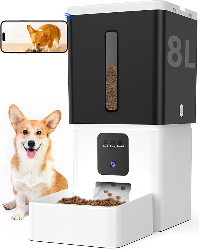 Automatic Dog Feeder with Camera: 8L/33 Cups 5G WiFi Timed Food Dispenser for Dogs - 1080P HD Night Vision Video Recording 2-Way Audio APP Control