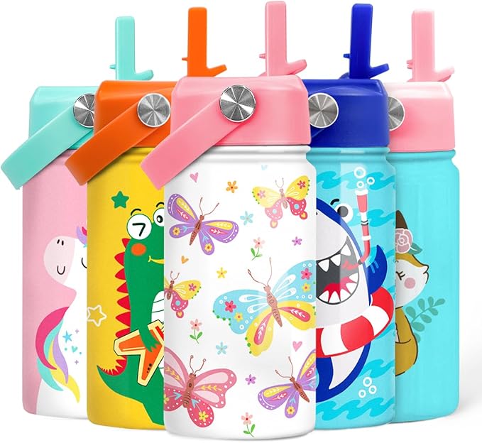 Kids Water Bottle with Straw Lid - 12 Oz Insulated Stainless Steel Water Bottles for Kid Girl- Travel Cup for School Sports