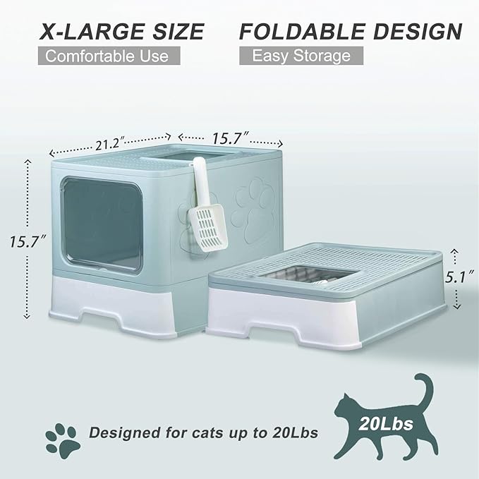 Upgrade Portable Litter Box, Top Entry Cat Box with Lid, No Leakage Kitty Box with Scoop and Mat, Easy Cleaning Cat Box Enclosure(Blue)
