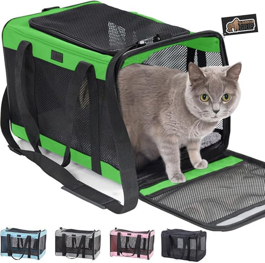 GORILLA GRIP Cat Carrier Travel Bag Up to 15 Lbs, Soft Collapsible Small Dog Carriers, Top and Side Entry Breathable Mesh, Grip Feet on Underside, Cozy Washable Waterproof Pad, Portable Kennel, Green