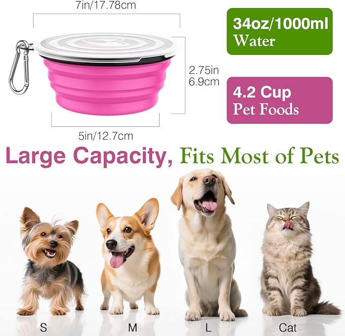 Pawaboo Collapsible Dog Bowls 2 Pack, Silicone Feeding Watering Bowls with Lids & Carabiners for Dogs Cats, Portable Water Feeder Food Bowl for Walking Traveling Home Use, 1000ml, Pink + Green