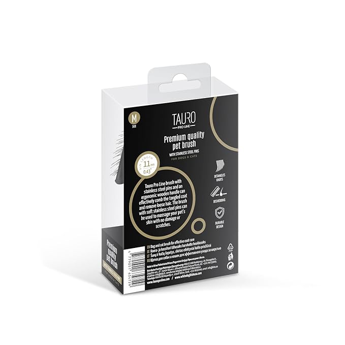 Tauro Pro Line Wooden Dog Brush for Shedding - Long & Short Hair Deshedding & Detangling Brown Slicker Brush for Dog & Cat Grooming - Flexible Cushion & Lightweight, Ideal for All Coat Types, M