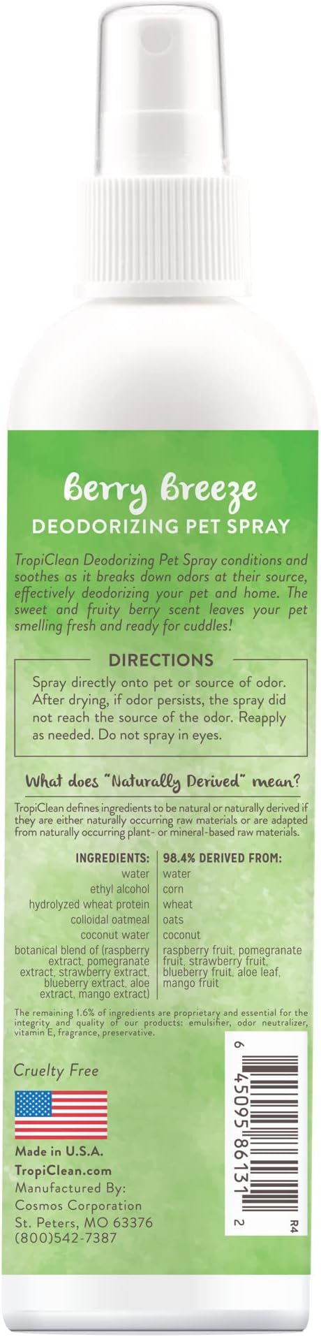 TropiClean Dog Perfume, Long Lasting Berry Cologne, Deodorizing Spray for Smelly Dogs, After Bath Detangling Spray with Vitamin E, Safe for Cats, 8oz.