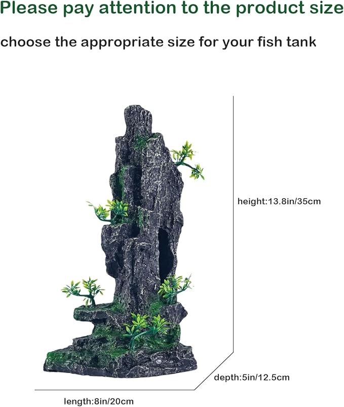 Large Fish Tank Decorations - Mountain View Aquarium Ornament with Tree House Cave