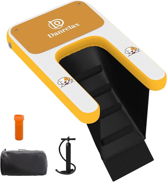 Inflatable Dog Boat Ramp, 47" L x 32" W x 6" H Perfect for Mid-Sized Pets Up to 220 lbs, Boat Water Ladder with Claw-Friendly High Stability Non-Slip EVA Float for Pool, Lake, Dock & Seat