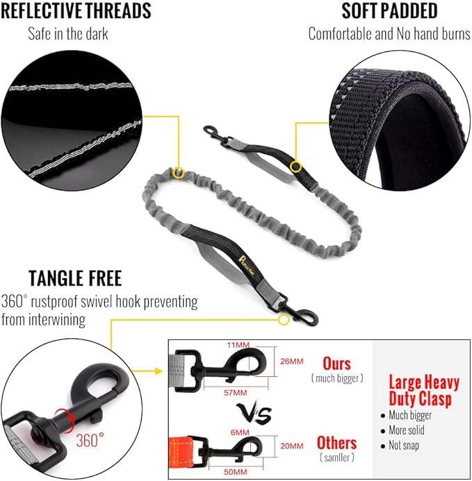 Plutus Pet Hands Free Dog Leash, Soft Padded Dual Handle Retractable Bungee Leash with Reflective Stitches, Adjustable Wasit Leash for Dog Walking Running Jogging, for Medium Large Dogs