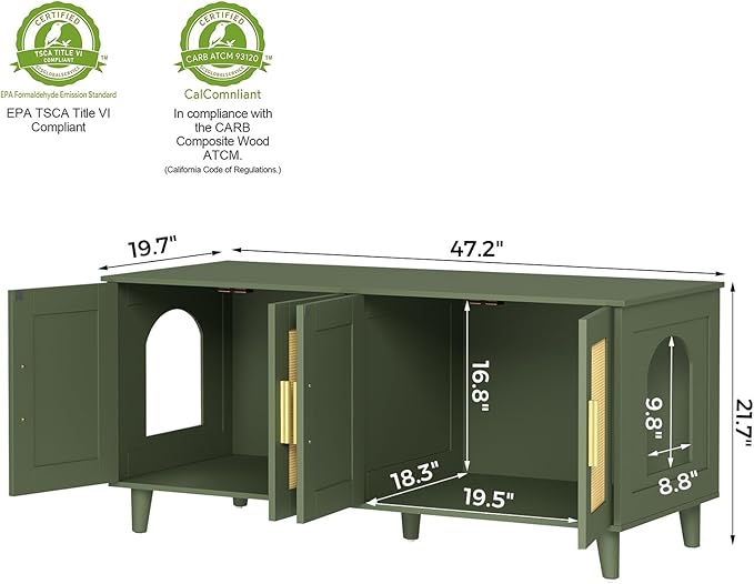Homhedy Boho Cat Litter Box Enclosure for 2 Cats, Wooden Cat Washroom Furniture with Double Rattan Decorated Doors, Pet House,47.2”L x 19.7”W x 21.7”H, Green