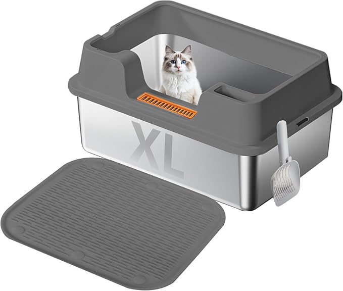 XL Stainless Steel Litter Box with Lid - 23.7"×15.7"×10.6" High Sided Metal Tray for Big/Multi-Cats, Anti-Leak Easy Clean Scoop & Foot Mat (Grey)