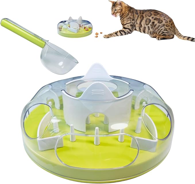 Interactive Cat Treat Puzzle, Food Dispenser, Cat Stimulation Maze, Slow Feeder, Enrichment Toys for Indoor Cats and Kittens (Neon Green)