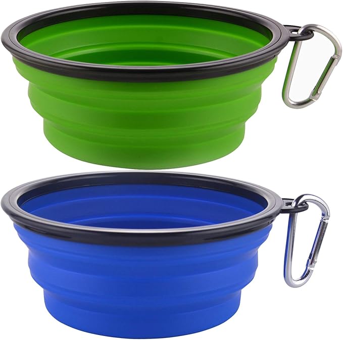 Guardians Large Collapsible Dog Bowls, 34oz Travel Water Food Bowls Portable Foldable Collapse Dishes with Carabiner Clip, 2 Pack (Green+Blue)