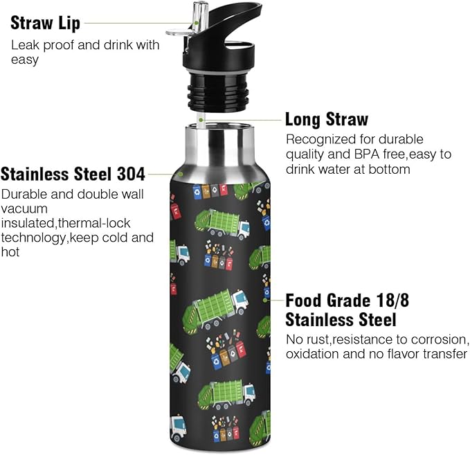 Garbage Truck Trash Recycling Water Bottle with Straw Lid Kids Insulated Stainless Steel Water Flask Sports, 20 Oz Hot Cold
