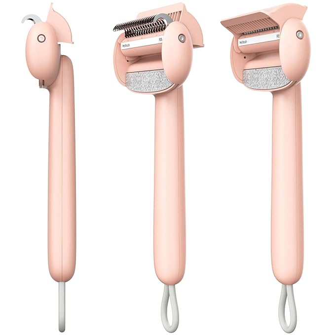 Self Cleaning Grooming Brush for Shedding Pets Rake Gently Removes Loose Undercoat Mats Tangled (Pink)