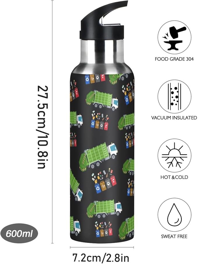 Garbage Truck Trash Recycling Water Bottle with Straw Lid Kids Insulated Stainless Steel Water Flask Sports, 20 Oz Hot Cold