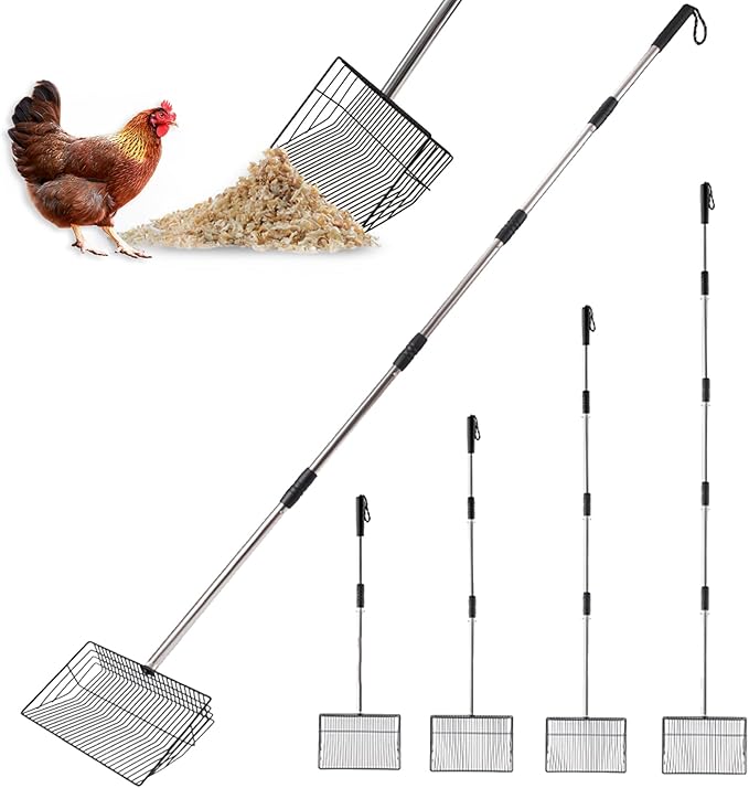 Large Chicken Poop Scooper, Metal Coop Scoop with 32" to 67" Adjustable Long Stainless Steel Handle, Chicken Poop Scooper for Sand with Heavy Duty Sifting Shovel for Chicken/ Horse/ Pet Coops (10 IN)