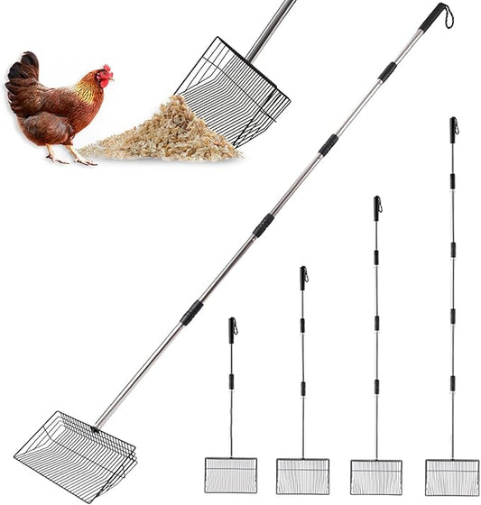 Large Chicken Poop Scooper, Metal Coop Scoop with 32" to 67" Adjustable Long Stainless Steel Handle, Chicken Poop Scooper for Sand with Heavy Duty Sifting Shovel for Chicken/ Horse/ Pet Coops (10 IN)