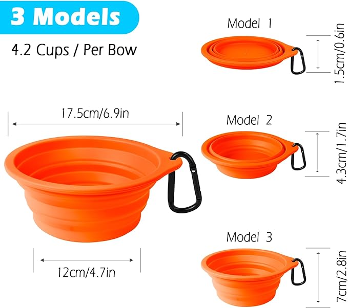 PetBonus 2-Pack Large Silicone Collapsible Dog Bowls, 34oz/1000ml BPA Free Portable Foldable Travel Bowl for Pet Cat, Food Water Feeding Dish for Camping with 2 Carabiners (Orange, Yellow)