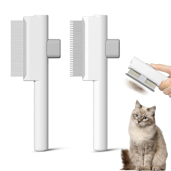 Pet Grooming Combo - Flea Comb(Dense Teeth) and Pet Hair Removal Comb(Long & Short Stainless Steel Teeth) with Release Button for Grooming Massaging and Cleaning Remove Fleas on Cat and Dog