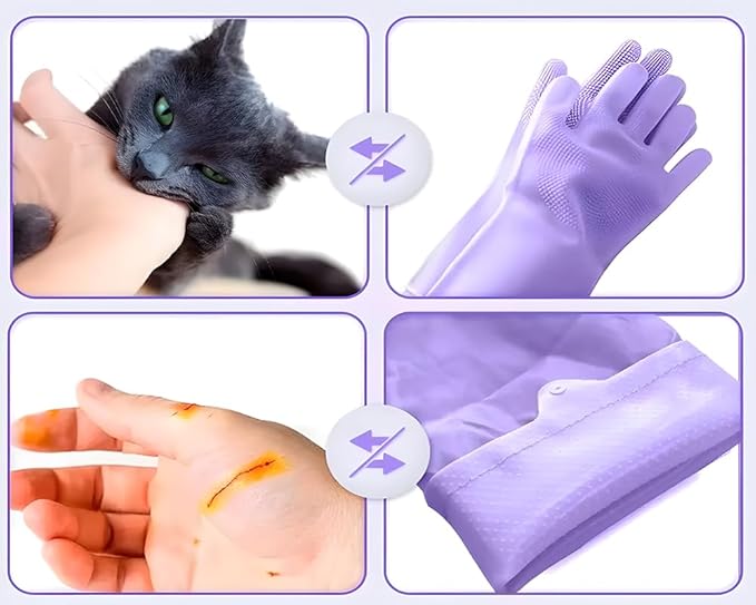 2 pairs Silicone Dishwashing & Pet Grooming Gloves - 2-in-1 Heat Resistant Gloves with High-Density Teeth, Enhanced Five Finger Design for Bathing, Cleaning Dishes, Cars, Dogs & Cats(Purple)