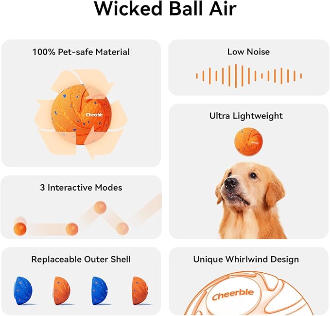 Cheerble Smart Interactive Dog Toy, Wicked Ball AIR, Automatic Moving, Bouncing, Rotating, IPX7 Waterproof Rating, Active Rolling Ball for Medium and Large Dogs
