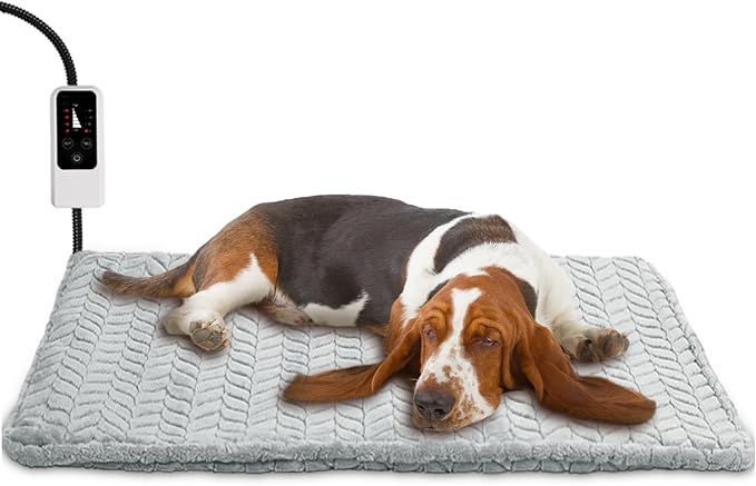 Heeyoo Pet Heating Pad, Adjustable Temperature Dog Cat Heating Pad with Timer, Waterproof Heated Dog Bed with Chew Resistant Cord, Auto Power-Off Indoor Pet Heated Mat for Dogs and Cats