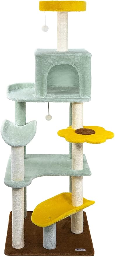 HYABi 65.5 Inch Sunflower Cat Tree Tower Multi-Level Cat Condo with Plush Scratching Posts, Toy Balls, and Pet House, Indoor Play Platform for Large Adult Cats, Cute Sunflower Design