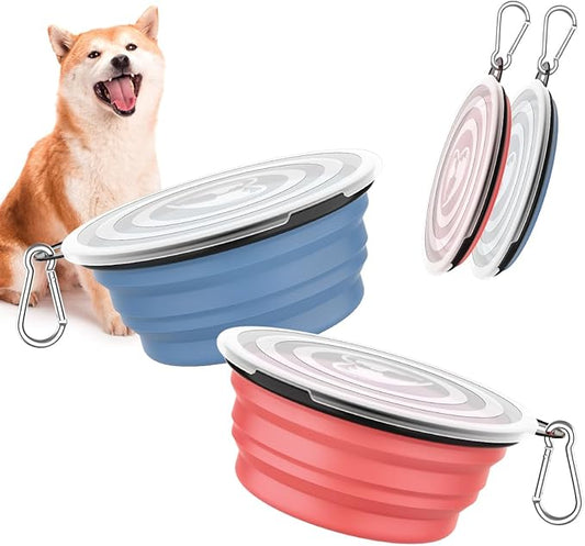Pawaboo Collapsible Dog Bowls 2 Pack, Silicone Feeding Watering Bowls with Lids & Carabiners for Dogs Cats, Portable Water Feeder Food Bowl for Walking Traveling Home Use, Light Pink + Blue