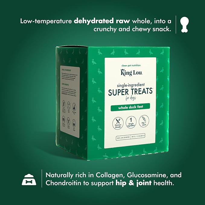 King Lou Pets - Whole Duck Feet for Dogs - Single Ingredient Treat - Dehydrated Dog Treats - USA-Made Dog and Cat Treats - Collagen, Glucosamine, Chondroitin for Hip and Joint Health - 40 Count
