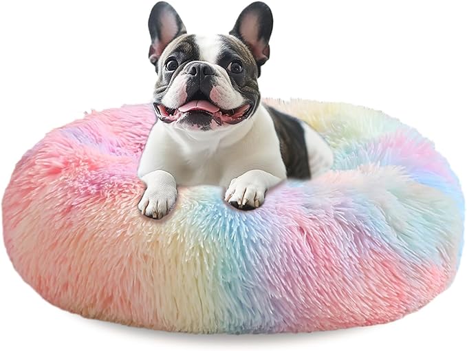 JOLLYVOGUE Large Calming Dog Bed, Anti-Anxiety Donut Cuddler Cat Bed with Anti-Slip Bottom, Fluffy Faux Fur Machine Washable Pet Cushion for Medium Large Dog & Cat, 36"/Rainbow