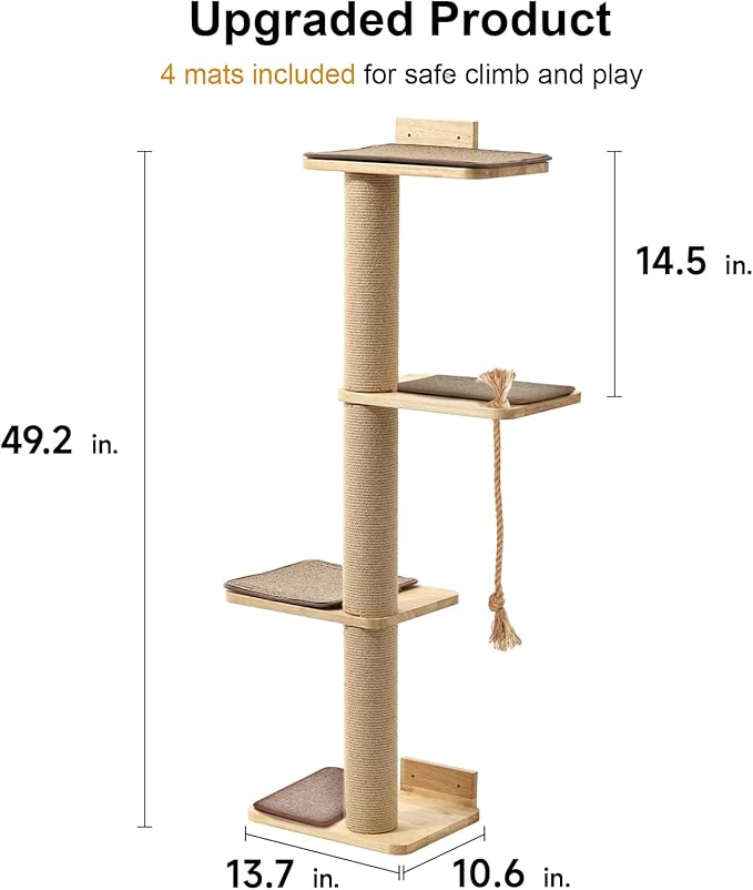 FUKUMARU Cat Scratching Activity Tree Wall Mounted, 50 Inch Cats Scratch Post, with Kitten Bed, Rubber Wood Scratcher Posts, Large
