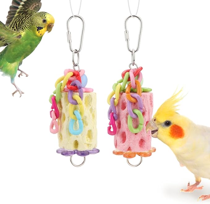 Wontee Bird Chewing Toys Bird Beak Grinding Stone Calcium Parakeet Treats for Budgies Cockatiels Conures Quaker Senegal Parrot (Random Color)