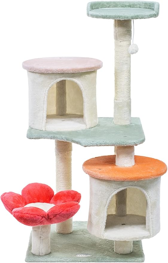 HYABi 42.7 inch Flower Cat Tree Tower Condo Furniture Apartment Plush Habitat Kitten Amusement Platform Multi-Level with Scratch Posts Toy Ball Pet House Play for Indoor Cats