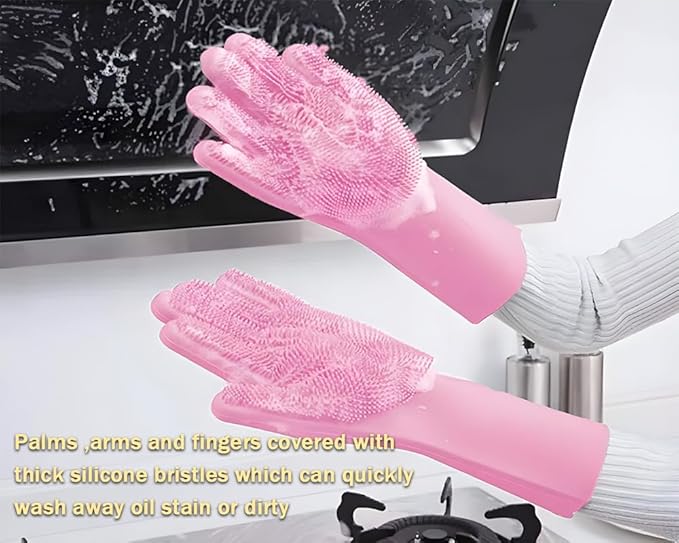 1 pairs Silicone Dishwashing & Pet Grooming Gloves - 2-in-1 Heat Resistant Gloves with High-Density Teeth, Enhanced Five Finger Design for Bathing, Cleaning Dishes, Cars, Dogs & Cats (Pink)
