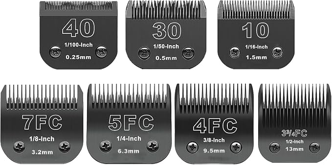 Black Detachable Pet Dog Grooming Clipper Stainless Steel Blades Set,Compatible with Andis,Oster A5,Wahl KM10 Series Clippers,Cut Length 1/100"(0.25mm) to 1/2"(13mm) ,7 Pack (10+30+40+7FC+5FC+4FC+3FC)