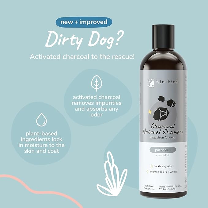kin+kind Dog Shampoo - Deep Clean, Dirt & Odor Remover w/Activated Charcoal for Dogs, Gentle Formula w/Natural Aloe, Olive Oil & Coconut Oil, Pet Hair Care & Grooming Products, Patchouli, 12 fl oz