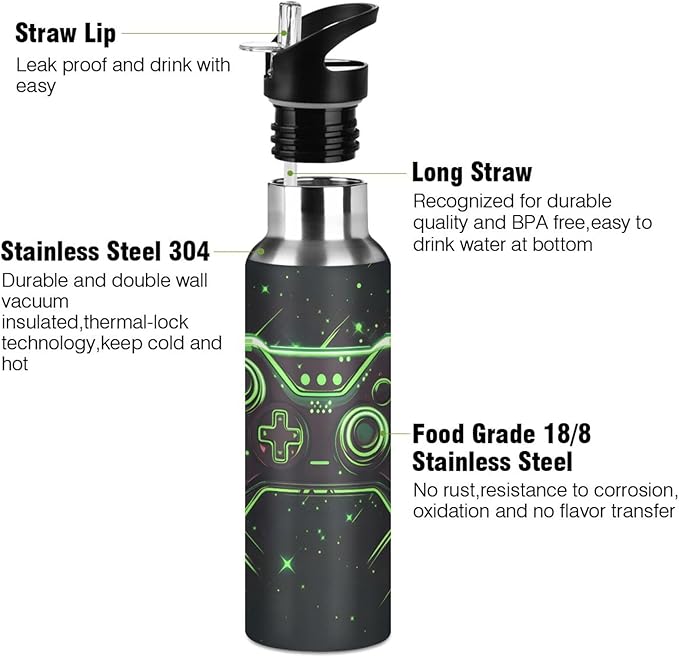 Joystick Gamepad Green Water Bottle with Straw Lid Kids Insulated Stainless Steel Water Flask Sports, 20 Oz Hot Cold