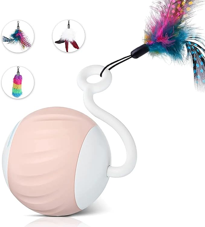 Cat Toys Interactive for Indoor Cats, Touch & Sound Smart Control - Fast slow 2 Speed Motion Activated Cat Ball Toy for Bored Cats With LED Lights, Feathers Tail, USB Charging Cable, 6in1 - Pink