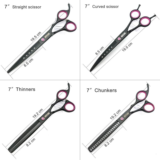 7.0 inches Professional Dog Grooming Scissors Set Straight & thinning & Curved & chunkers 4pcs in 1 Set (with Comb)