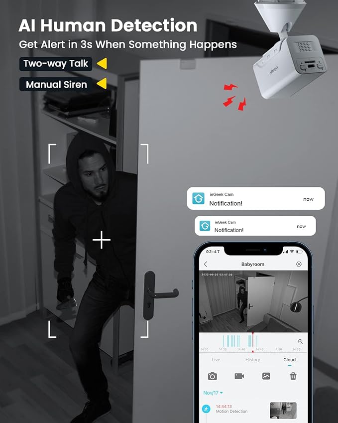 ieGeek Security Camera Indoor Wireless 1080P Wire-Free Portable Indoor Camera for Home Security with Human Detection,Two-Way Audio, Siren and APP Alert,30ft Clear Night Vision, Cloud/SD