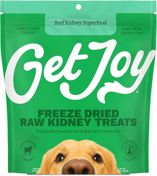 Get Joy Freeze Dried Superfood 100% Beef Kidney Dog Treats, 16 Ounce Bag, Single Ingredient Organ Meat, High Protein, Immune Health, Muscle Repair, Grain Free, Gluten Free, Made in USA