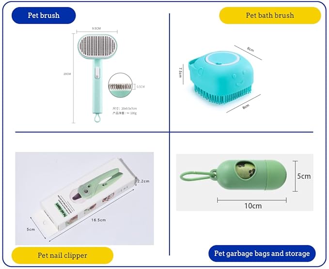 Dog cleaning and grooming 8-piece set, nail files with LED Light and Nail file, dog comb, cleaning brush, Bags Dispenser and trash waste bag, dog poop bags dispenser, grooming supply package