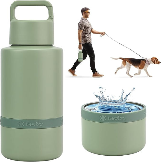 Insulated Dog Water Bottle with Travel Bowl, Dog Lover Gift, Portable Water Bottle Dispenser, Accessories for Car, Hiking, Camping, Outdoor, Leak-Proof, Detachable (Sage Green)
