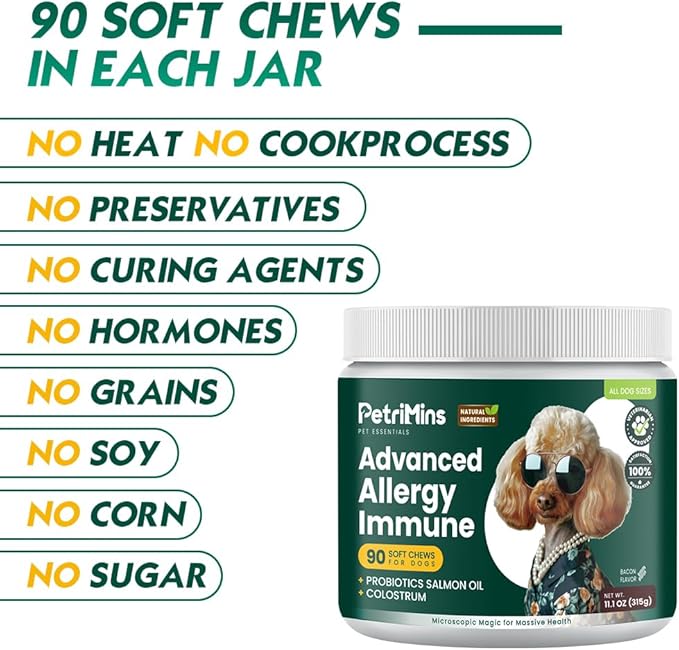 Advanced Allergy Immune Itch Relief for Dogs, Itching Skin Relief & Seasonal Allergies Support with Dog Probiotics, Astragalus Root & Mushroom, Colostrum, Turmeric, Salmon Oil - 90ct, Bacon