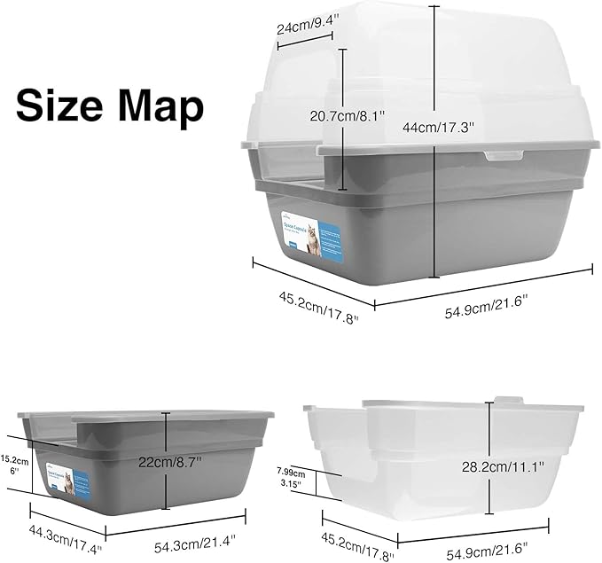 Petfamily Cat Litter Box, Large Foldable Jumbo Hooded with Transparent Lid,Grey