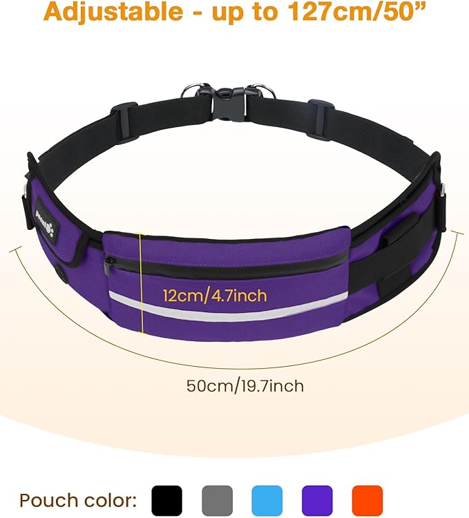 Pecute Hands Free Dog Leash with Pouch, Waist Belt Fanny Pack with Soft Pads, Dual Handles and Durable Bungee for Walking, Dog Seat Belt, Hiking, Running, Training, Purple(Up to 150lbs)