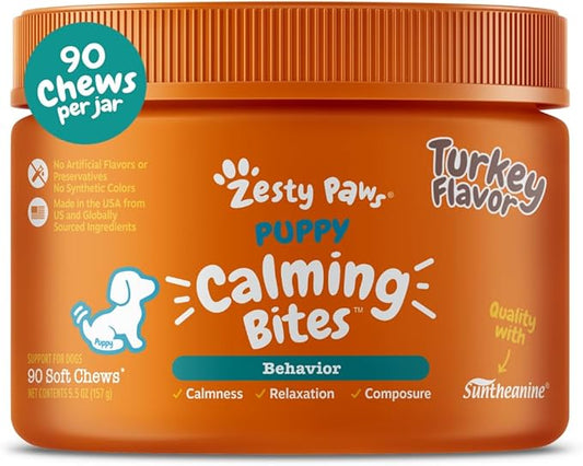 Zesty Paws Calming Chews for Dogs - for Everyday Stress, Relaxation, Composure, and Separation, Puppy Bites Turkey 90 Count