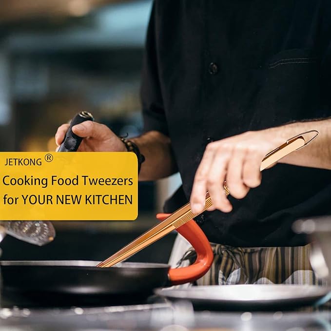 JETKONG 2 Pcs 12-Inch Kitchen Tweezers Cooking Tweezer Tongs Stainless Steel Long Food Tweezers (Rose Gold)