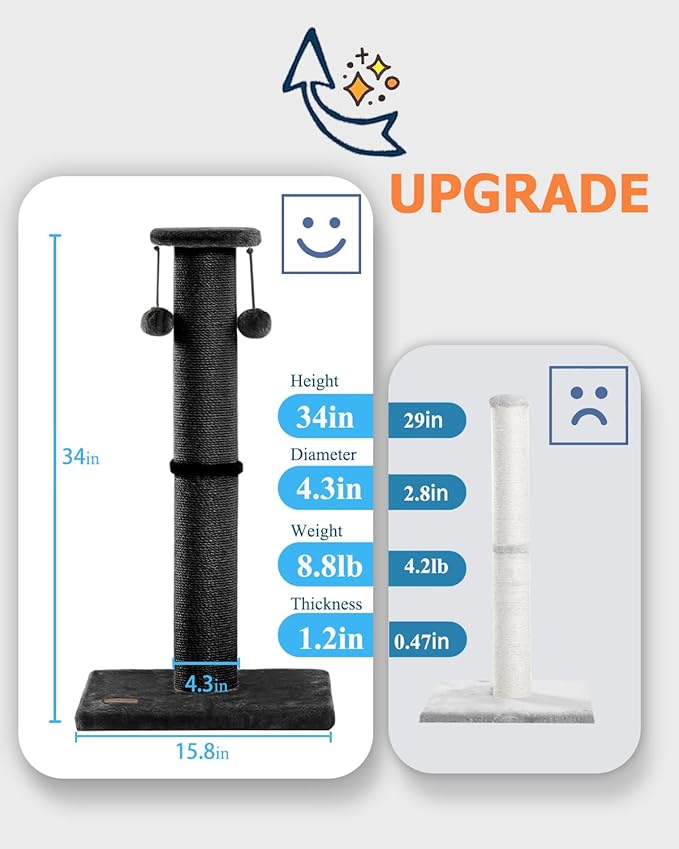 Kilodor 34Inch Tall Cat Scratching Post,4.3Inch Diameter Large Sisal Cat Scratch Post with Ball, Sturdy and Durable Cat Scratcher for Indoor Cats Adults Black