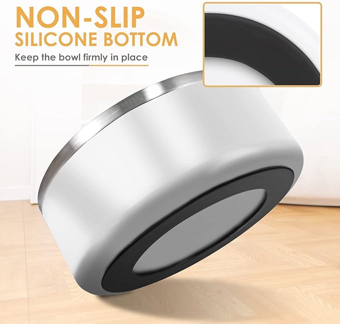 IKITCHEN Dog Bowl for Food and Water, 64 Oz Stainless Steel Pet Feeding Bowl, Durable Non-Skid Double Wall Insulated Heavy Duty with Rubber Bottom for Medium Large Dogs (64 Ounces/8 Cup, White)
