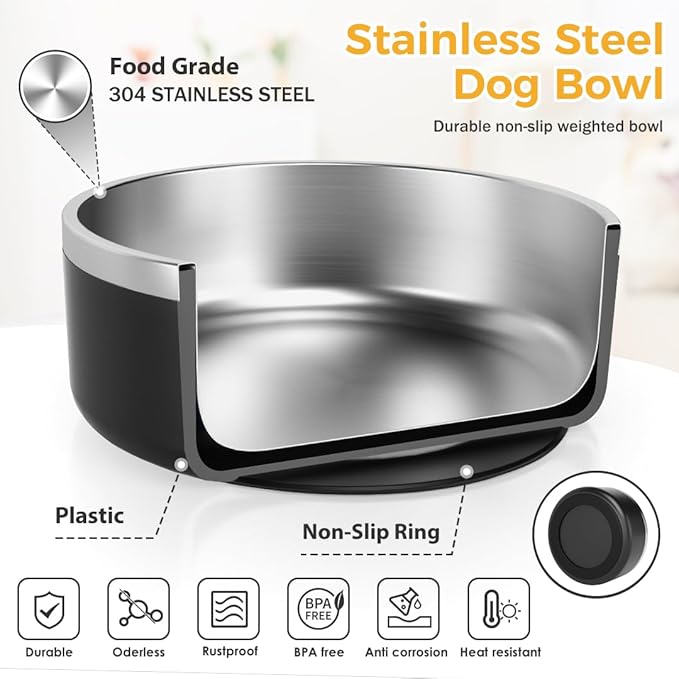 IKITCHEN Dog Bowl for Food and Water, 64 Oz Stainless Steel Pet Feeding Bowl, Durable Non-Skid Double Wall Insulated Heavy Duty with Rubber Bottom for Medium Large Sized Dogs (64 Ounces/8 Cup, Black)